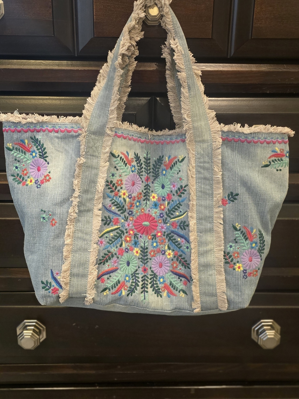 STEVE madden Embroidered Floral Denim Tote Weekend Bag in Light Blue